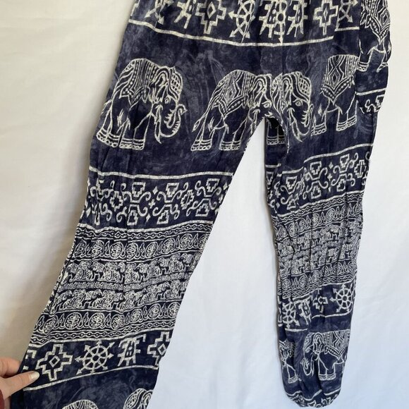 Bohemian Elephant Print Rayon Pants With Elastic Waist & Pockets Navy & White M - Picture 2 of 7